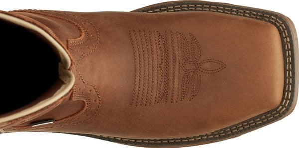 top view of tan cowboy boots with light brown embroidery