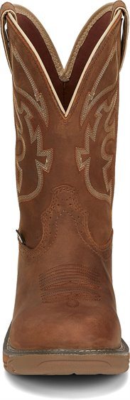 front of tan cowboy boots with light brown embroidery 