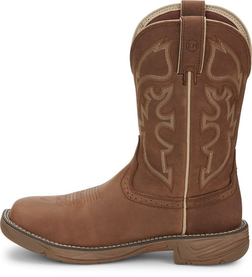 alternate side view of tan cowboy boots with light brown embroidery