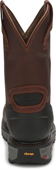 back of dark brown hightop pull on work boot with black heel
