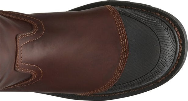 black round toe on brown boot