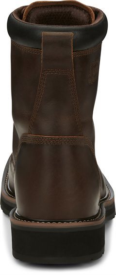 back of mid-rise brown boot with brown laces, brown eyelets, and black sole