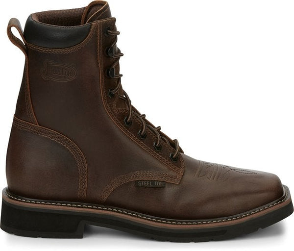 side of hightop brown boot with brown laces and black eyelets and embroidery on vamp