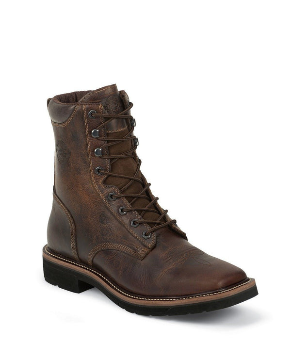 hightop brown boot with brown laces and black eyelets and embroidery on vamp