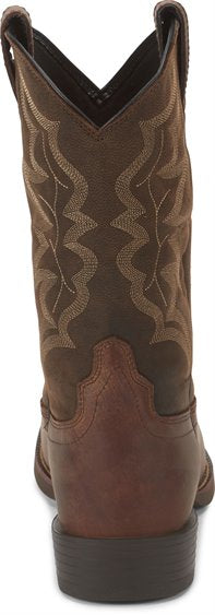 back of cowboy boot with dark brown shaft and light brown vamp and light brown embroidery