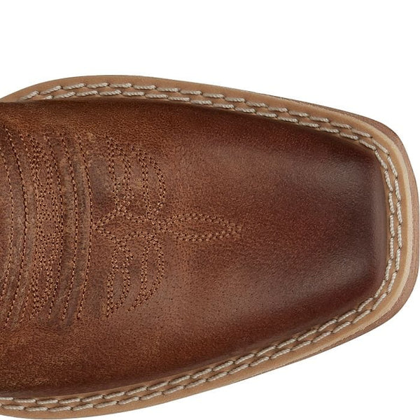 detail toe view of women's tan western square toe boot