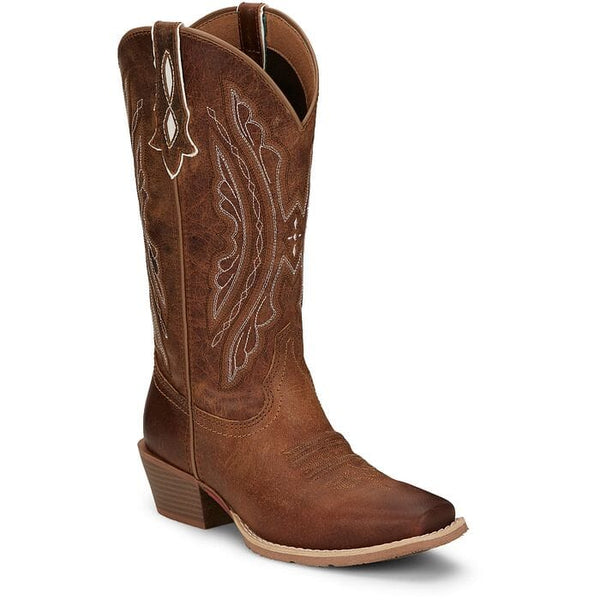 right front angle view of women's tall tan western boot with white stitching and punched pull strap