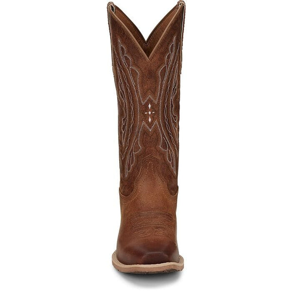 front view of women's tall tan western boot with white stitching