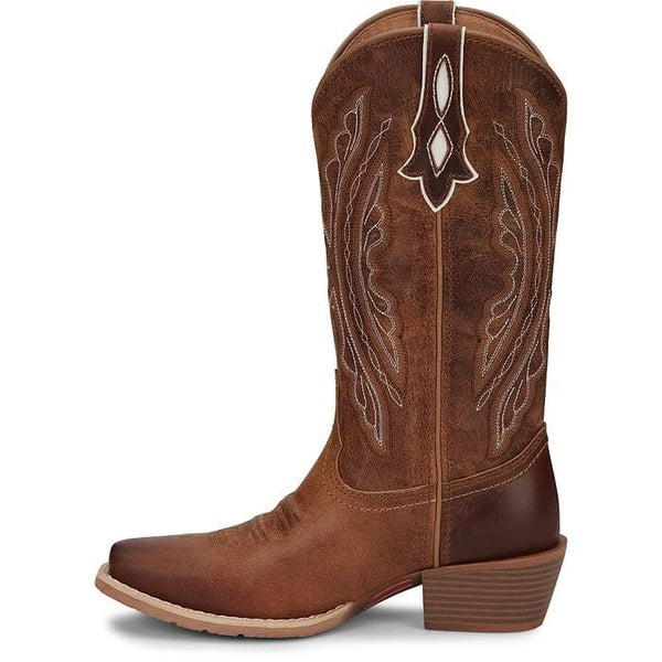 left side view of women's tall tan western boot with white stitching and punched pull strap