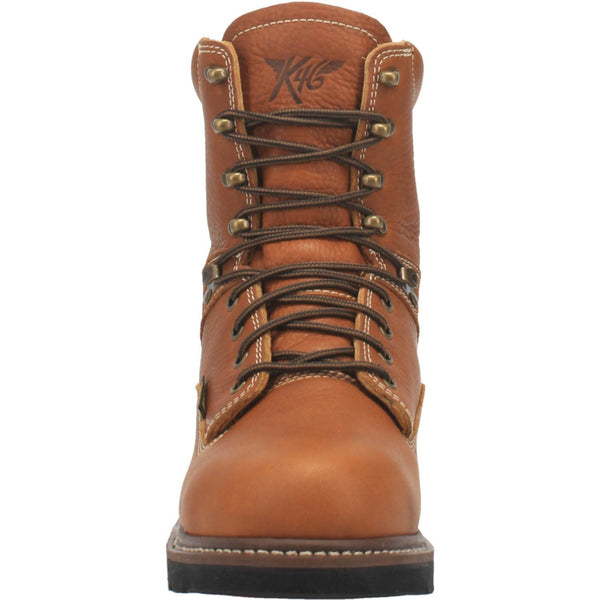 front of hightop tan boot with brown laces, gold eyelets, and black sole