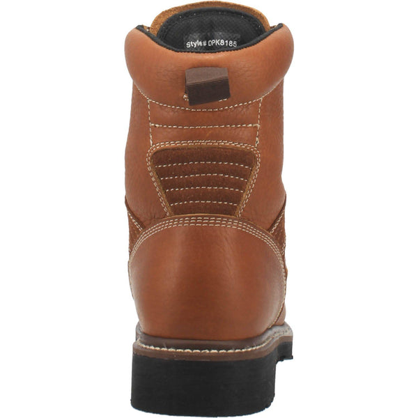 back of hightop tan boot with brown laces, gold eyelets, and black sole
