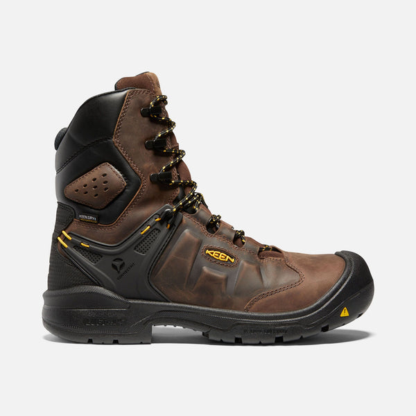 side of brown hightop boot with yellow and black laces, black toe guard and sole, black eyelets