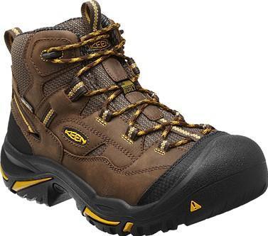 brown boot with black toe guard and sole and yellow and brown laces
