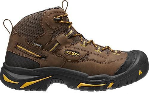 alternate side of brown boot with black toe guard and sole and yellow and brown laces