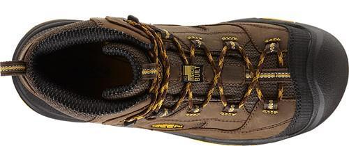 top of brown boot with black toe guard and sole and yellow and brown laces