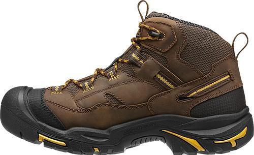 side of brown boot with black toe guard and sole and yellow and brown laces