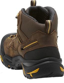 back of brown boot with black toe guard and sole and yellow and brown laces