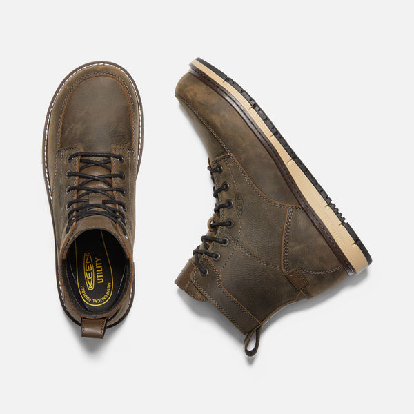 top view and side view of brown hightop shoe with dark laces and tan sole