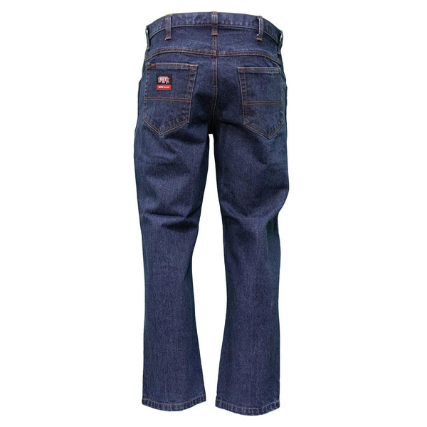 back of boot cut blue jeans