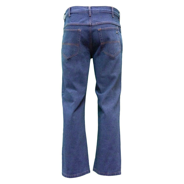 back of blue denim boot cut jeans