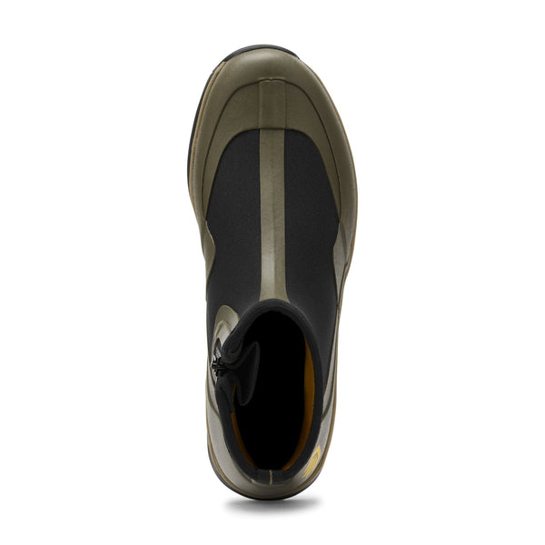 top view of black and olive green low top rubber boot with side zipper and stripe down the middle