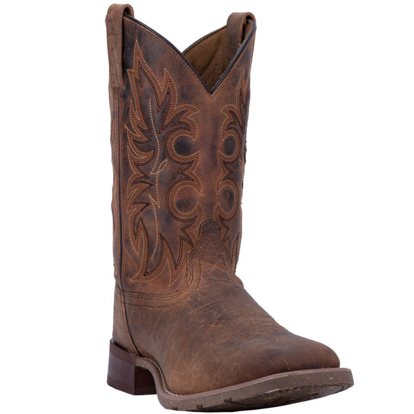 brown cowboy boot with brown and black embroidery and distressed leather