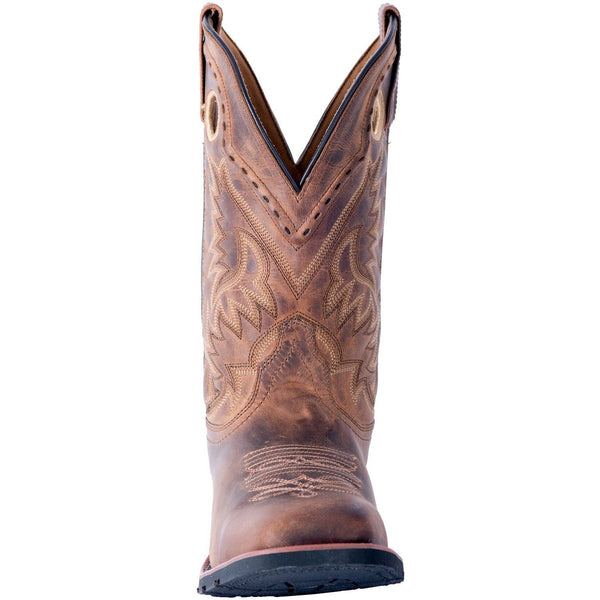 front of light brown cowboy boot with light brown and dark brown embroidery and distressed leather