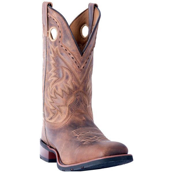light brown cowboy boot with light brown and dark brown embroidery and distressed leather
