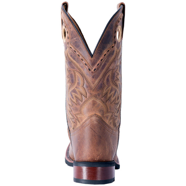 back of light brown cowboy boot with light brown and dark brown embroidery and distressed leather