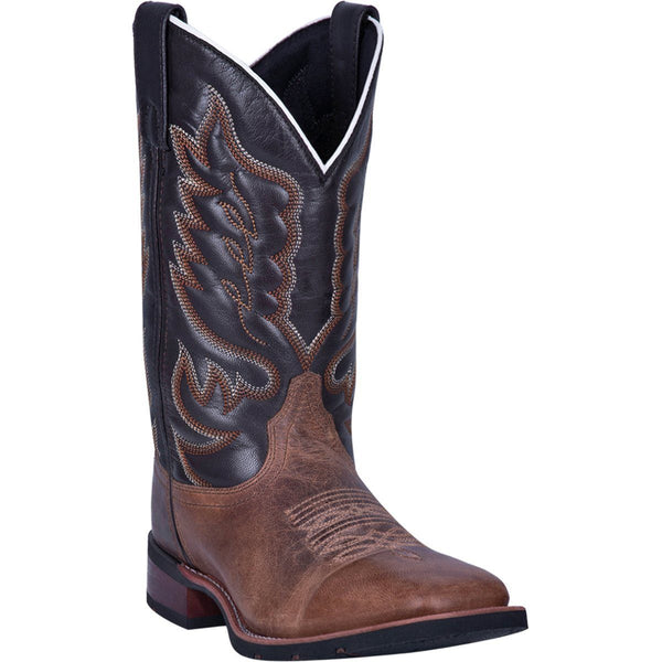cowboy boot with black shaft and brown vamp. brown and white embroidery