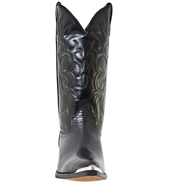 front of black cowboy boot with embossed design on shaft and crocodile skin vamp