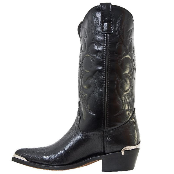 side of black cowboy boot with embossed design on shaft and crocodile skin vamp