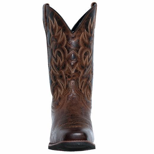 front of brown/red cowboy boot with white embroidery and square toe