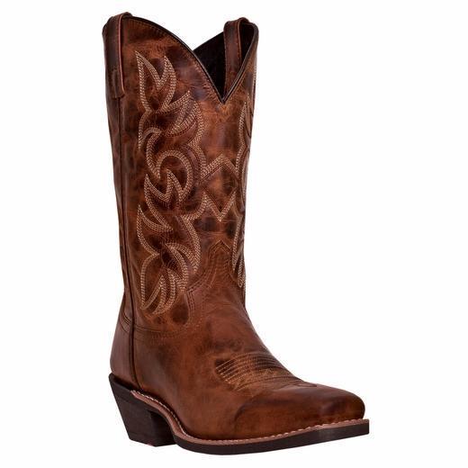brown/red cowboy boot with white embroidery and square toe