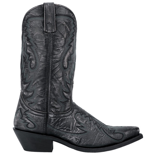 side of black cowboy boot with white and black embroidery all over and black sole