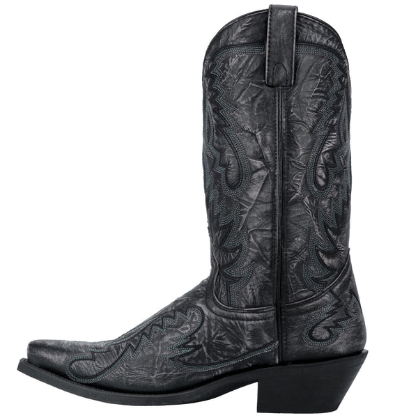 alternate side of black cowboy boot with white and black embroidery all over and black sole