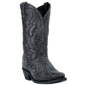 black cowboy boot with white and black embroidery all over and black sole
