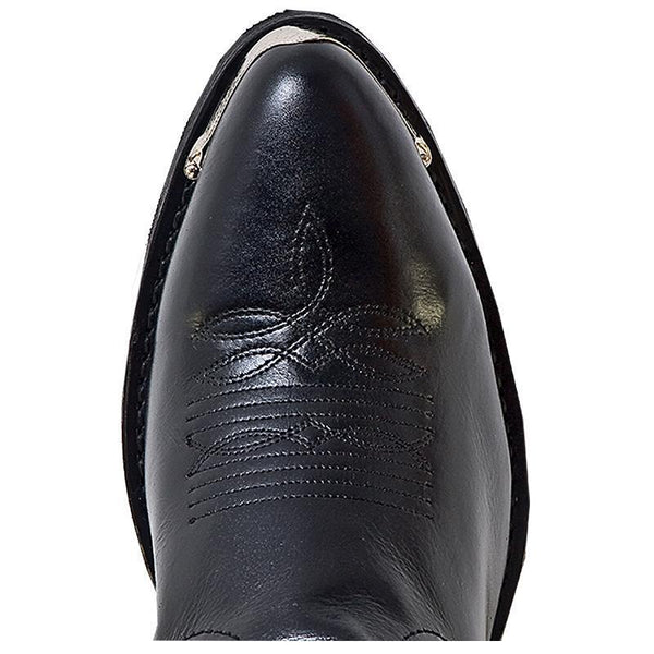 pointed toe on black boot with silver toe guard