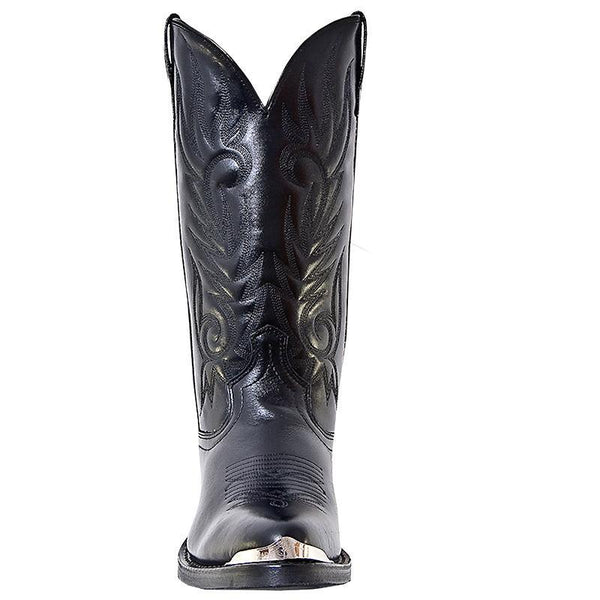 front of black cowboy boot with black embroidery and silver toe guard
