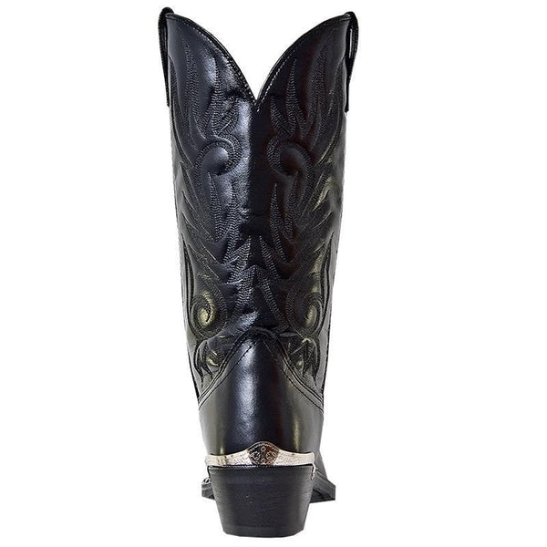 back of black cowboy boot with black embroidery and silver heel accent