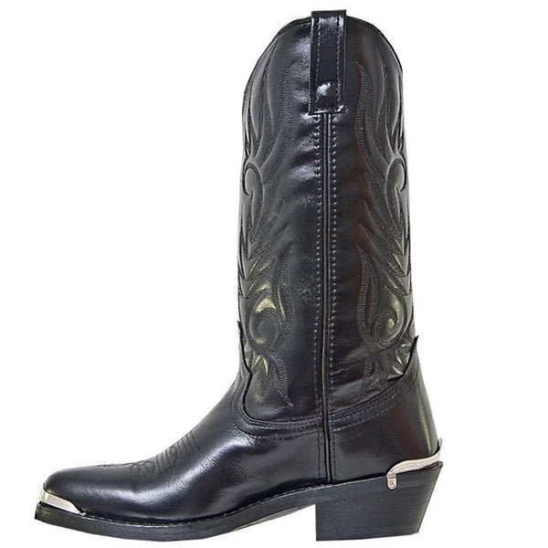side of black cowboy boot with black embroidery and silver toe guard