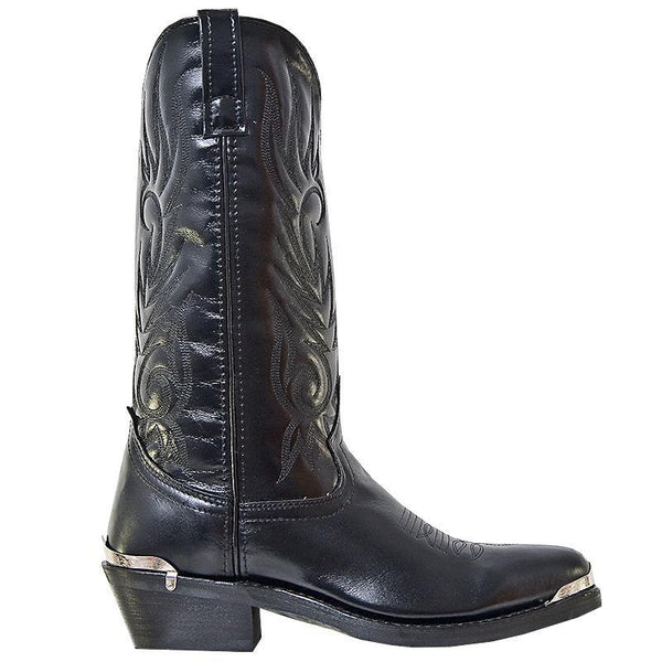 alternate side of black cowboy boot with black embroidery and silver toe guard
