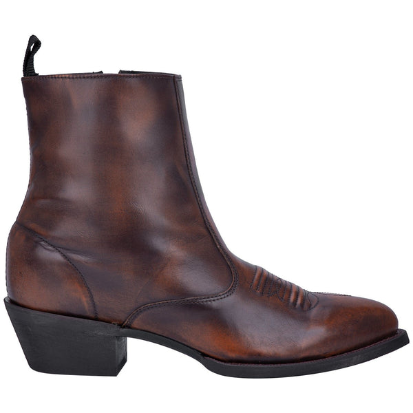 side of dark brown mid-rise pull on boot with cowboy style vamp