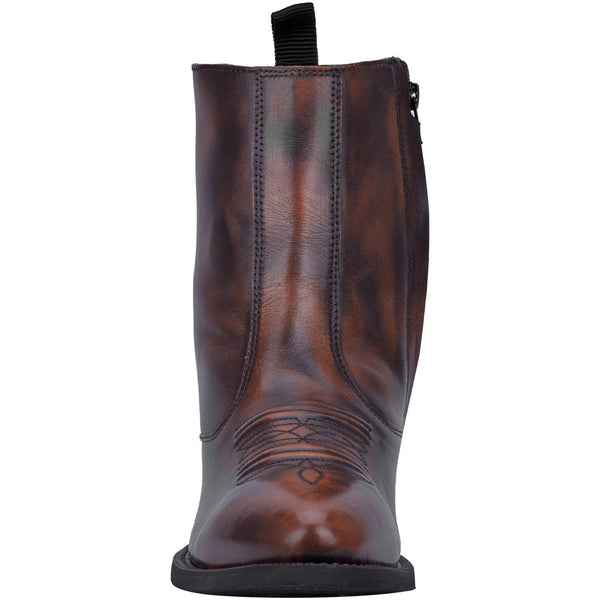 front of dark brown mid-rise pull on boot with cowboy style vamp