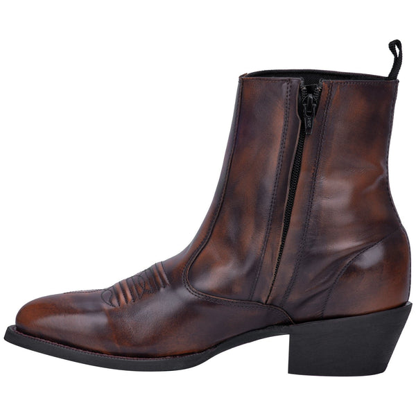 side of dark brown mid-rise pull on boot with cowboy style vamp and zipper side
