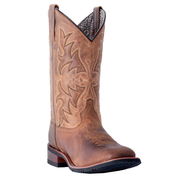 brown cowboy boot with light brown embroidery and distressed leather