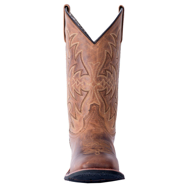 front of brown cowboy boot with light brown embroidery and distressed leather