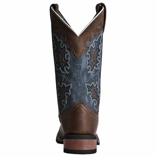 back of cowgirl boot with blue shaft, white embroidery, brown vamp, and white trim