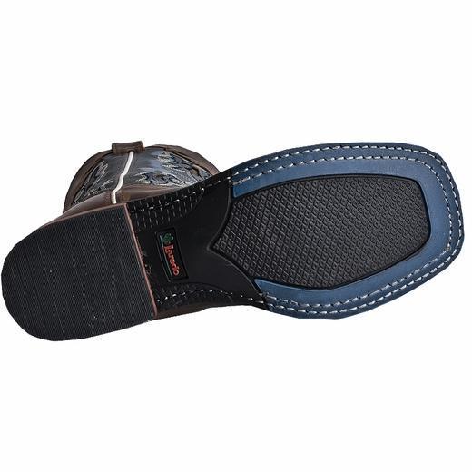 black sole with blue trim around toes