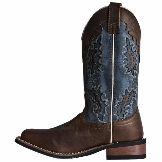side of cowgirl boot with blue shaft, white embroidery, brown vamp, and white trim